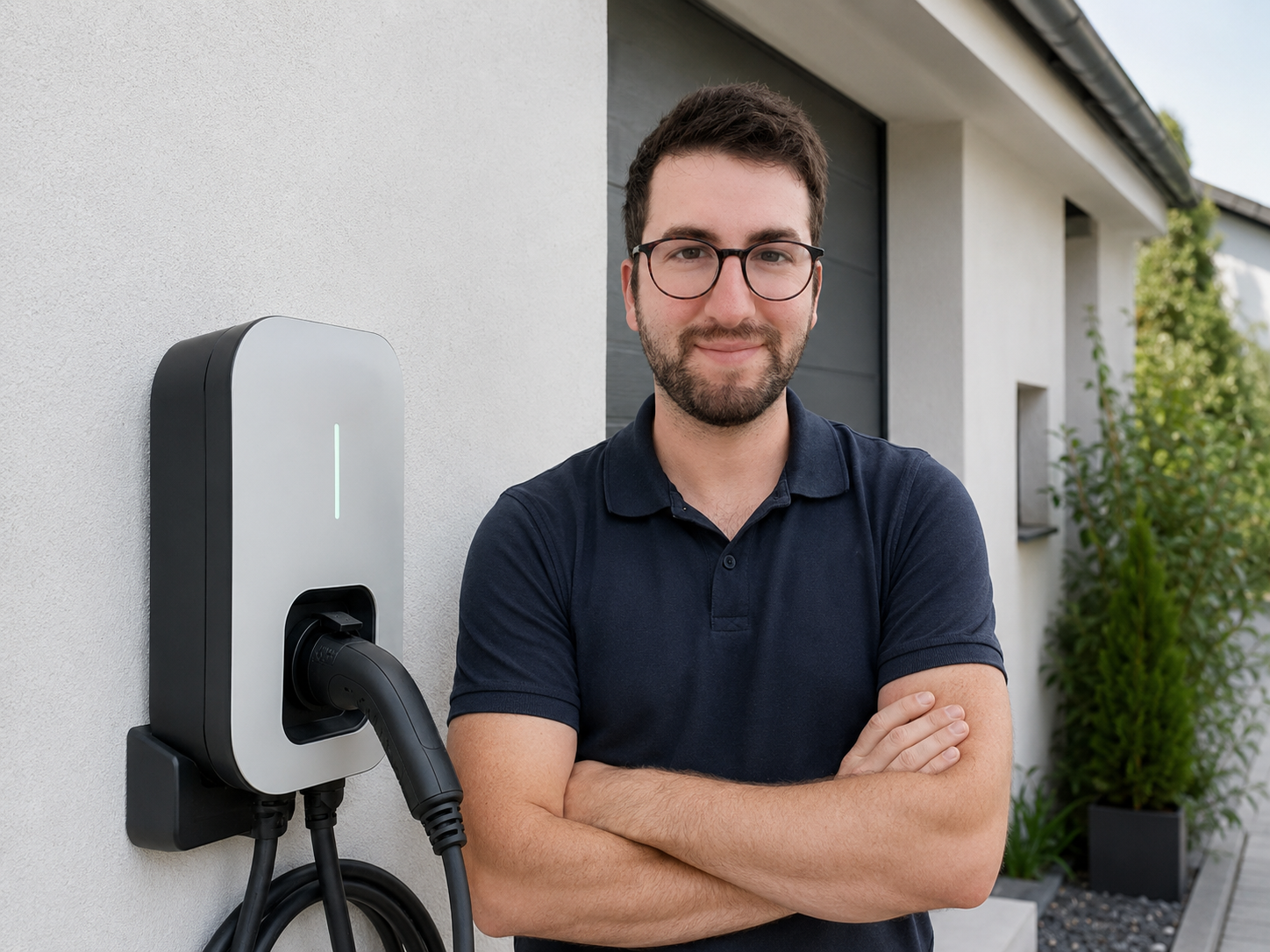 Kévin, installateur certifié IRVE, devant une borne de recharge en Sud Gironde